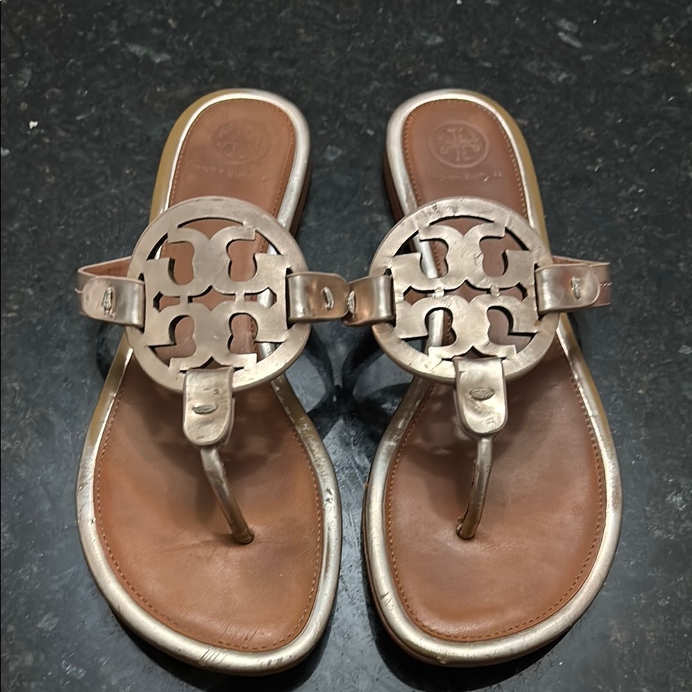Tory Burch Metallic Rose Gold Logo Thong Sandals